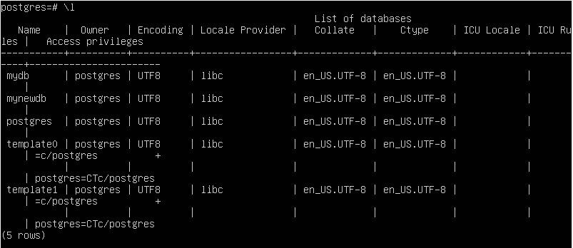 PostgreSQL List databases command