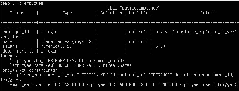 Describe table example in PostgreSQL