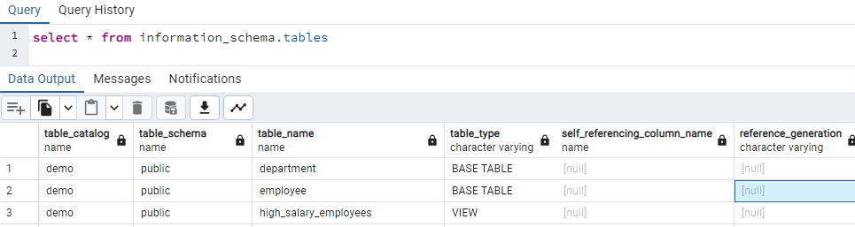 Check all tables and view in current database in PostgreSQL