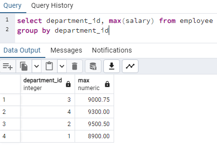 Group by employee table on department id in PostgreSQL