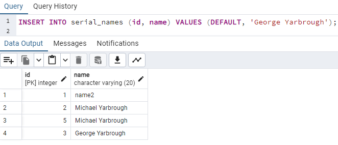 DEFAULT keyword in INSERT query in PostgreSQL