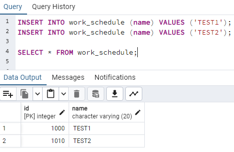 PostgreSQL IDENTITY column with custom values example