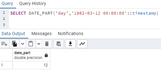 PostgreSQL DATE_PART function to extract day from timestamp